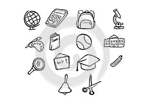 Freehand drawing school items . Back to School. Vector illustration. Set