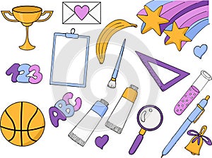 Freehand drawing school items. Vector illustration. Set