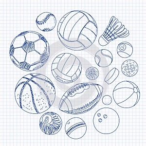 Freehand drawing sport balls on a sheet of exercise book