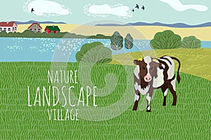 Freehand drawing of a summer day in the village. Cute vector illustration of a rural landscape with cow, trees, lake and grass