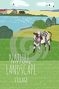 Freehand drawing of a summer day in the village. Cute vertical vector illustration of a rural landscape with cow, trees