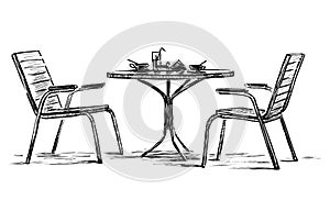 Sketch of table with tableware and chairs in outdoor caffe photo