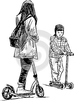 Freehand drawing of teenage girl with little brother exercising on scooters