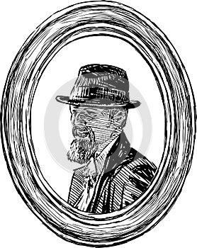 Freehand drawing of vintage portrait bearded man in hat in oval decorative picture frame