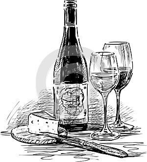 Freehand drawing of wine bottle, two wine glasses, cheese and knife