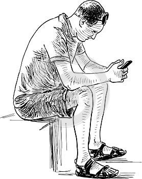 Freehand drawing of young townsman sitting outdoors and looking at smartphone