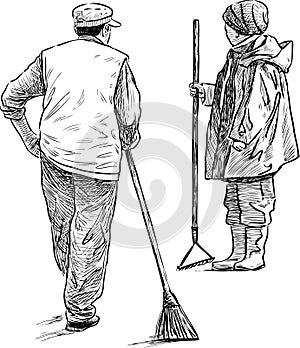 Freehand drawings of street sweepers with brooms