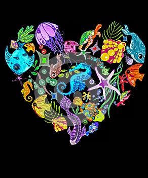 Freehand illustration of a heart made of marine inhabitants