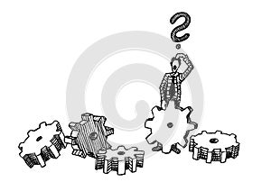 Drawn Man Wondering How To Assemble Gear Train