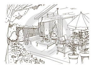 Freehand sketch of backyard patio or terrace furnished in Scandic hygge style. House veranda with trendy modern