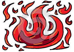 A freehand sketch of a burning fiery flame symbol with flaming tongues white backdrop