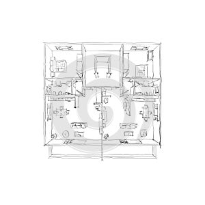 Freehand sketch drawing illustration of furnished home apartment