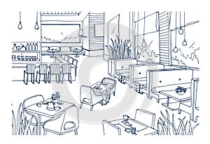 Freehand sketch of furnished interior of fancy restaurant or bistro hand drawn with contour lines on white background photo