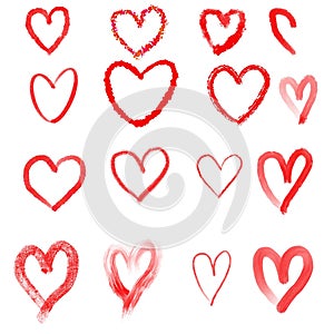 Freehand sketch line set red hearts icon on paper white background, hand draw shape symbol love, vector design elements isolated