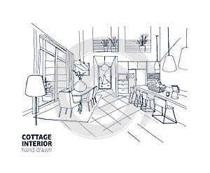 Freehand sketch of mansion or summer cottage interior with trendy comfy furniture and home decorations. Kitchen and