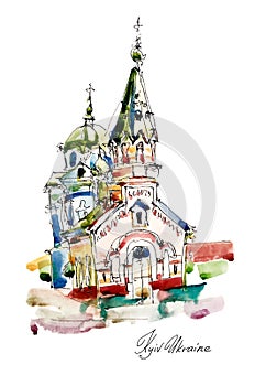 Freehand sketch watercolor painting of Church