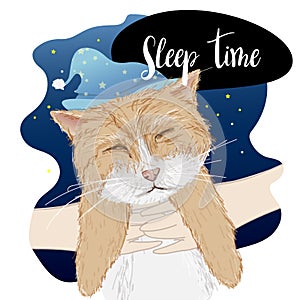 Freehand style cartoon. Hand holding lazy cat with cute sleeping hat. Good night. Sweet dreams