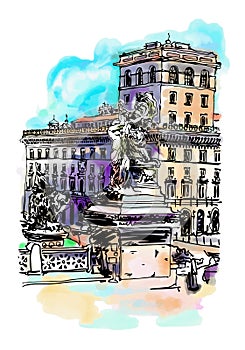 Freehand watercolor travel card from Rome Italy, old italian imp