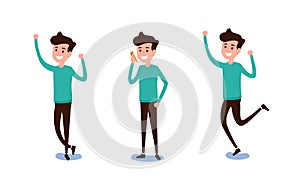 Freelance character Design. Set of guy in casual clothes in various poses happy emotional. Different emotions and poses