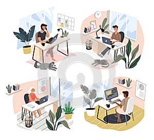 Freelance character working at home. Vector set. Man and woman sitting with laptop.