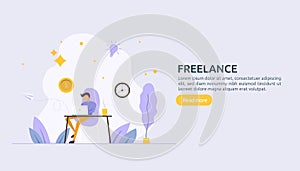 Freelance concept. freelancer teleworking or work at home. people character working with laptop. flat template for web landing