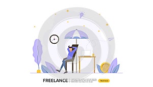 Freelance concept. freelancer teleworking or work at home. people character working with laptop. flat template for web landing