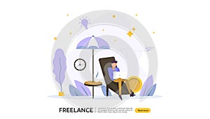 Freelance concept. freelancer teleworking or work at home. people character working with laptop. flat template for web landing