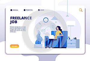 Freelance concept. Girl freelancer on sofa working with computer home. Landing page vector design