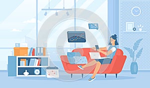 Freelance concept. Online web job, internet worker, employee workplace.Girl working from home couch.