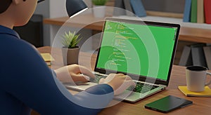 Freelance developer coding at home on laptop, creating new software
