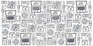 Freelance hand draw doodle background with popular symbols and elements of remote work.