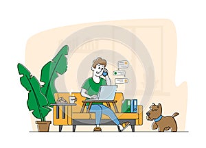 Freelance, Homeworking Place Concept. Man Freelancer Character Sitting on Sofa Working Distant on Laptop from Home photo