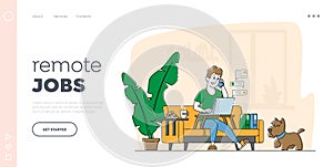 Freelance , Homeworking Place Landing Page Template. Man Freelancer Character Sitting on Sofa Working Distant from Home photo
