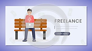 Freelance job landing page vector template. Remote work, distance job website, webpage concept blue design with flat