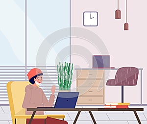 Freelance job vector illustration. Masked man working with a laptop during the quarantine