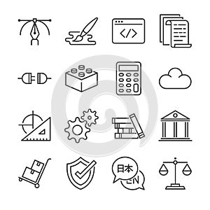 Freelance jobs line icon set 1. Included the icons as graphic design, coding, logistic, translate, web design and more.