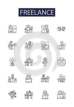 Freelance line vector icons and signs. Outsourcer, Gigging, Self-employed, Contractor, Jobbing, Hiring, Virtual