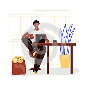 Freelance man work in comfortable cozy home office in kitchen vector flat illustration. Freelancer man character working