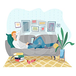 Freelance man working remotely use laptop at comfortable workplace sofa. Self employed person at home office Isolated on