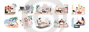 Freelance people work in comfortable conditions set vector flat illustration. Freelancer character working from home or