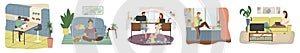 Freelance people work in comfortable conditions set vector flat illustration.