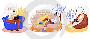 Freelance people work in comfortable cozy armchairs set vector flat illustration. Freelancer multiracial character