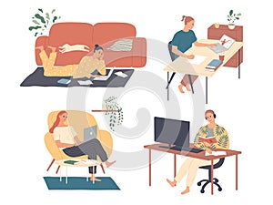 Freelance people work at home. Freelancer character working from home office workplace. Self employed or business