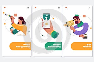 Freelance and remote online work from home office,Mobile app onboarding screens.