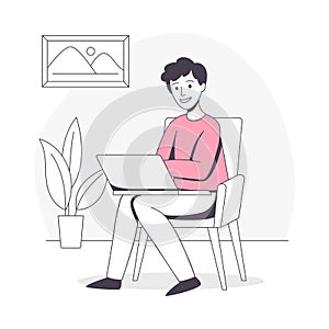 Freelance Remote Work with Young Man Sitting on Chair with Laptop at Home Outline Vector Illustration