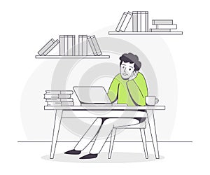 Freelance Remote Work with Young Man Sitting at Laptop at Home Vector Illustration