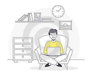 Freelance Remote Working Young Man in Yellow Sweater Sitting on Armchair with Laptop at Home Outline Vector Illustration