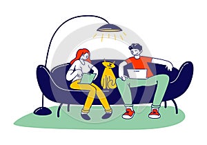 Freelance Selfemployed Occupation Concept. Relaxed Man and Woman Freelancers Character Sitting on Couch