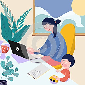 Freelance and telework. Cute happy mother working on laptop at home. Female freelance worker with child at workplace