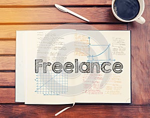 Freelance : text inside notebook on table with coffee